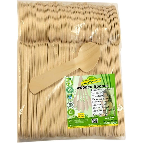 Wooden Spoons Party Spoons for Ice creams,Take away Packing | Disposable Cutlery Plastic Alternative - Eco friendly Natural 100 Pc set | Travel Compostable Bio degradable Camping Cutlery Spoon |110MM
