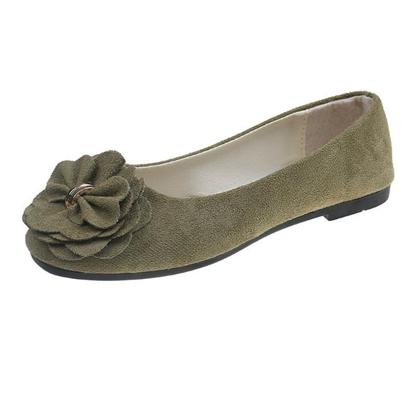 Army Green Ladies Elegant Flat Shoes With Bow Detail And Floral Motif For Professional Wear
