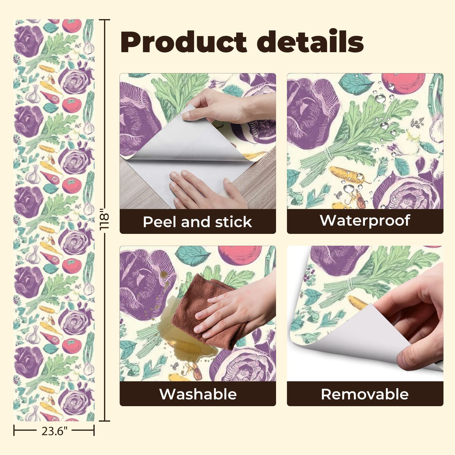 Modern Peel and Stick Wallpaper 23.6in x 9.8ft Botanical Colorful Vegetables Fresh Herbs Contact Paper Self-Adhesive Removable Wall Paper for Bedroom Kitchen Cabinet Renter Friendly