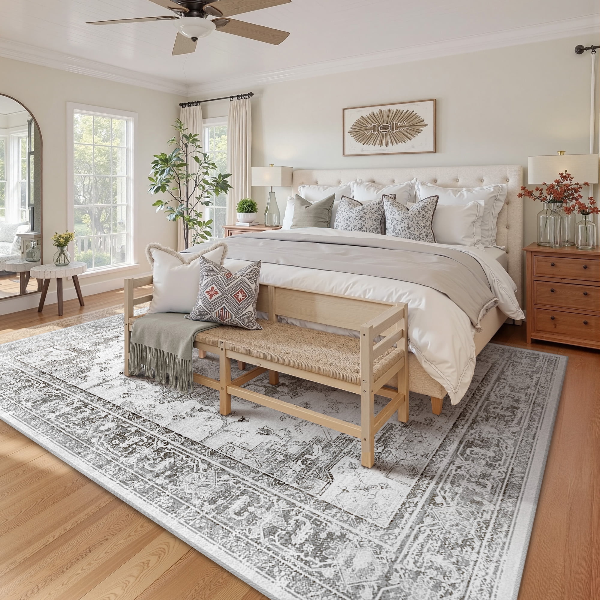 NewBuros 5'x7' Area Rugs, Machine Washable Non Slip Rugs for Living Room, Low Pile Water Repellent Soft Vintage Print Pattern Bedroom Carpet, Black & Gray