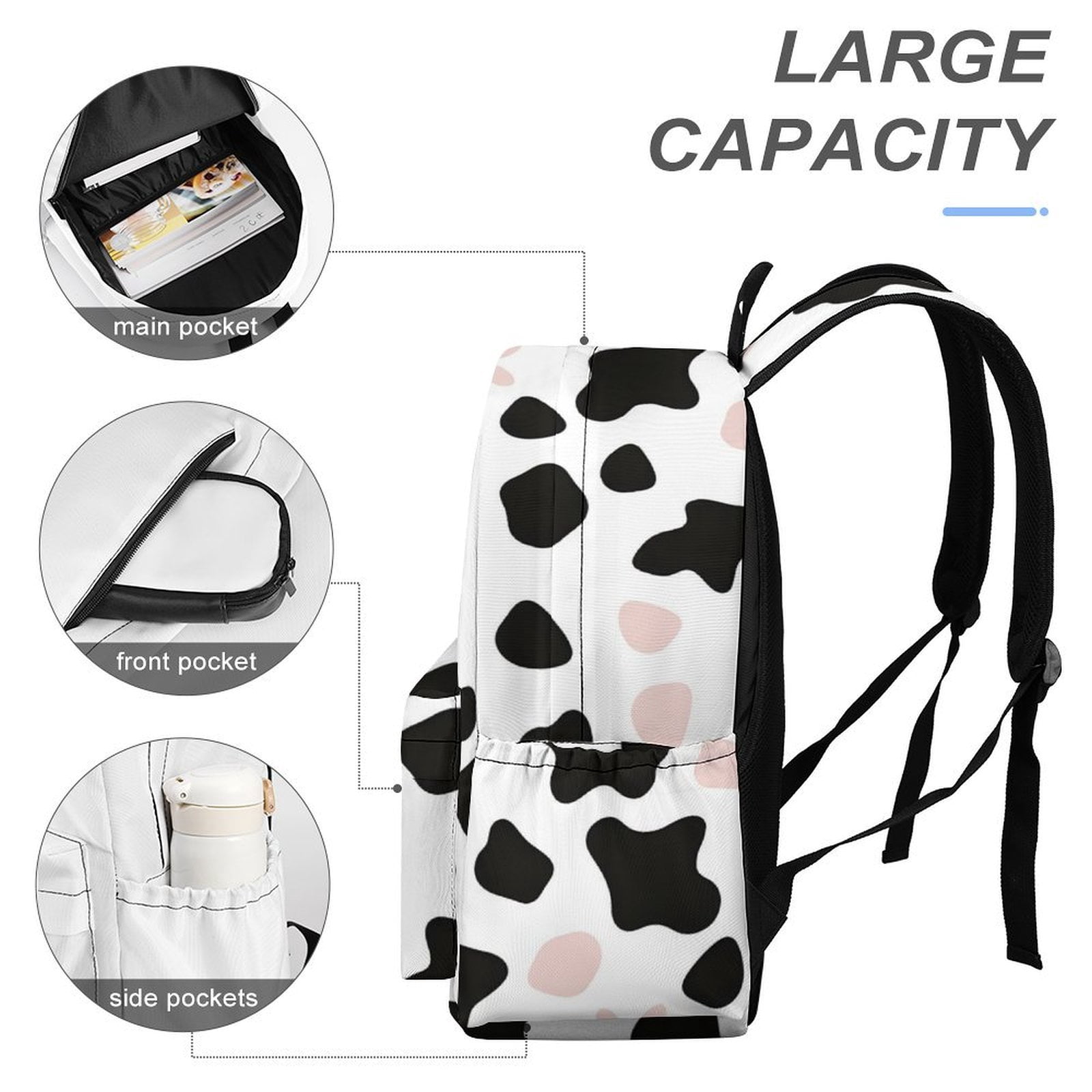 Large Capacity Half Print Backpack 11.8×16.5×5.9in Multifunctional Zipper Design Convenient Switch Simple Cow Print Pattern White Background, Pink And White_3
