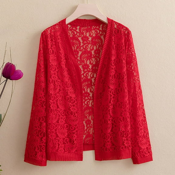 Womens Tops Women's Lightweight Lace Solid Color Open Front Casual Cardigan Cover Up Red