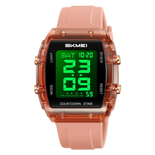 SKMEI 2409 Men's 50M Waterproof Electronic Watch with Dual Time, Stopwatch & LED Luminous - 41.7mm Glass Mirror PC Case Silicone Strap Stainless Steel Buckle, 14mm Thickness 250mm Total Length, Pink