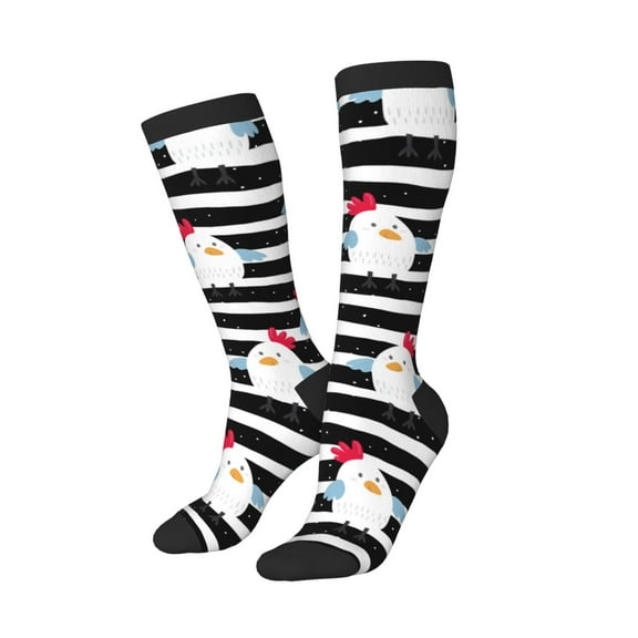 Knee High Socks for Women Men Athletic - Black White Striped Cute Chicken Thigh-High Black Sole Comfort Breathable Long Socks for Casual Travel Running