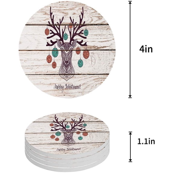 FMSHPON Merry Christmas Deer Set of 4 Round Coaster for Drinks, Absorbent Ceramic Stone Coasters Cup Mat with Cork Base for Home Kitchen Room Coffee Table Bar Decor
