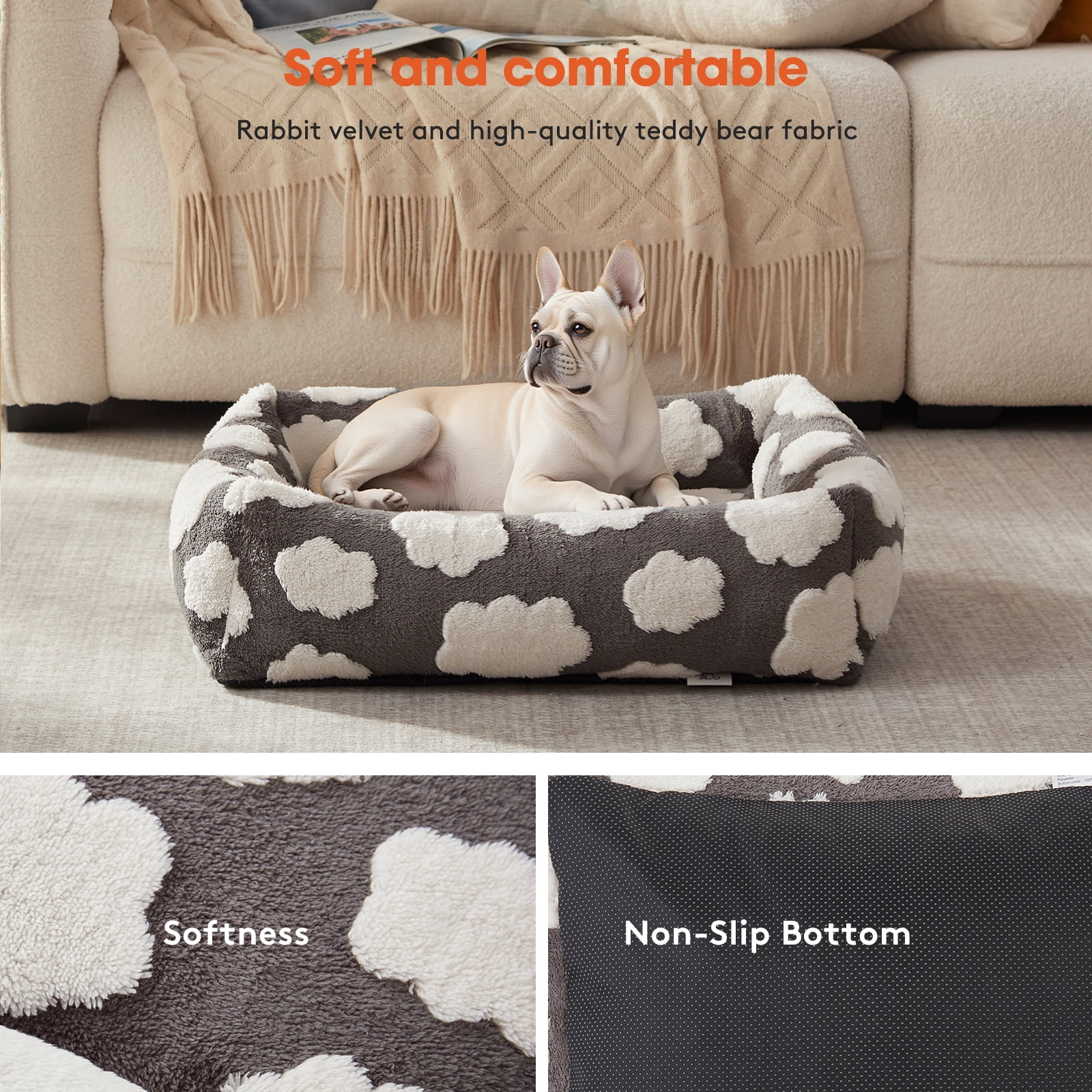 Cute Dog Bed for Medium Dogs, Cozy Rectangle Orthopedic Sofa , Washable Pet Beds with Jacquard Shaggy Plush and Anti Slip Bottom, Gray, 25"x21"x7"