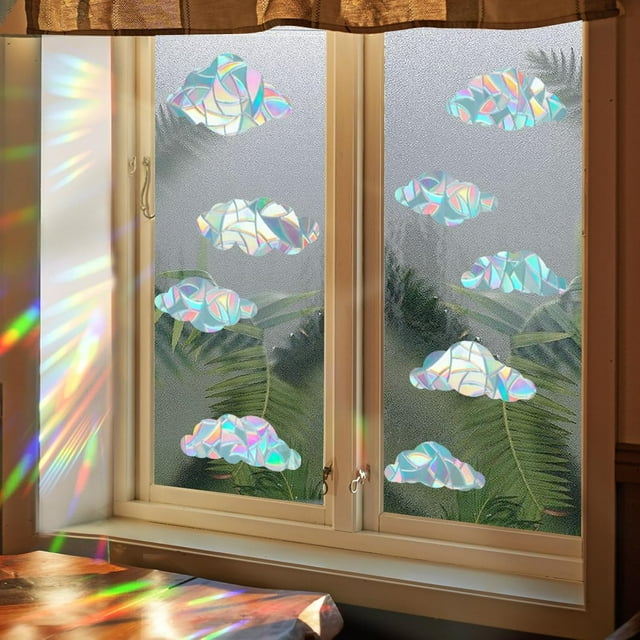 8 pegatinas grandes de arcoíris para ventana, 3D, decorativas, con forma de nube, anticolisión, estáticas, para cocina, comedor y dormitorio.