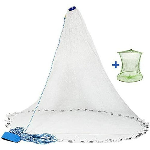 Handmade American Saltwater Fishing Cast Net with Heavy Duty Real Zinc Sinker Weights for Bait Trap Fish 4/6/8Ft Radius, 3/8 Inch Mesh Size