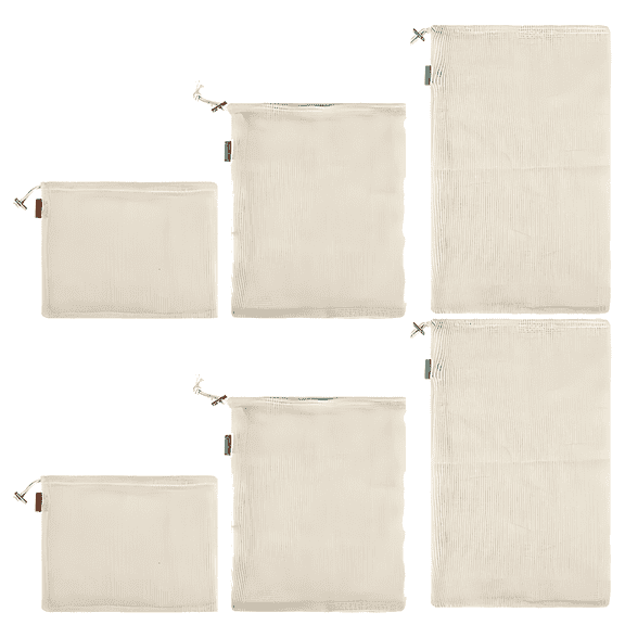 6 Pcs Cotton Mesh Bags, Organic Reusable Produce Bags, Washable Grocery Bags, Drawstring Design, Three Size