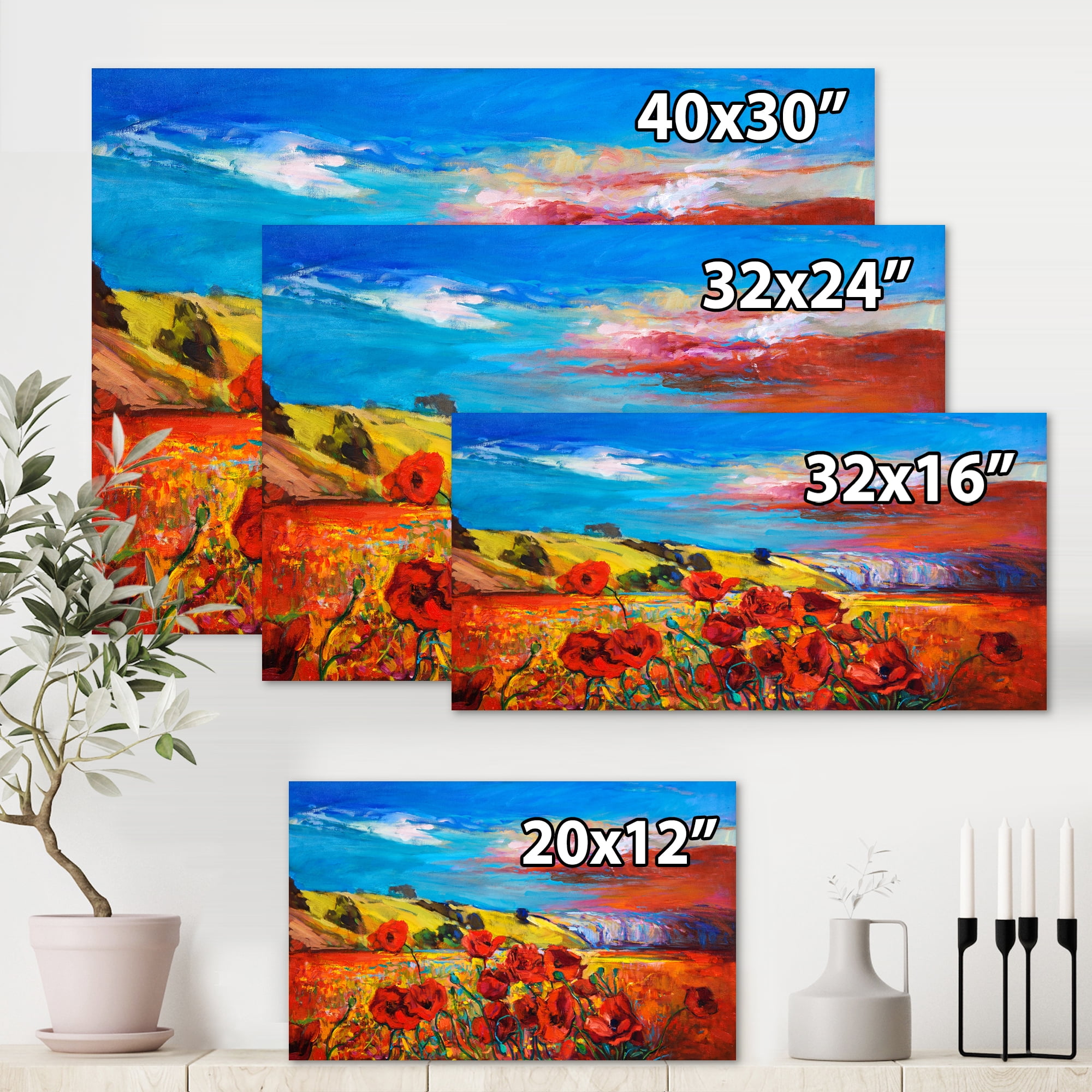 Blossomg Red Poppies Under A Blue Sky 12 in x 8 in Painting Canvas Art Print, by Designart