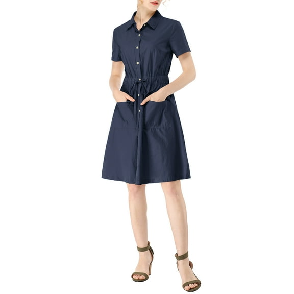 INSPIRE CHIC Women's Fit and Flare Collar Pocket Elastic Waist Mini Dress S Blue