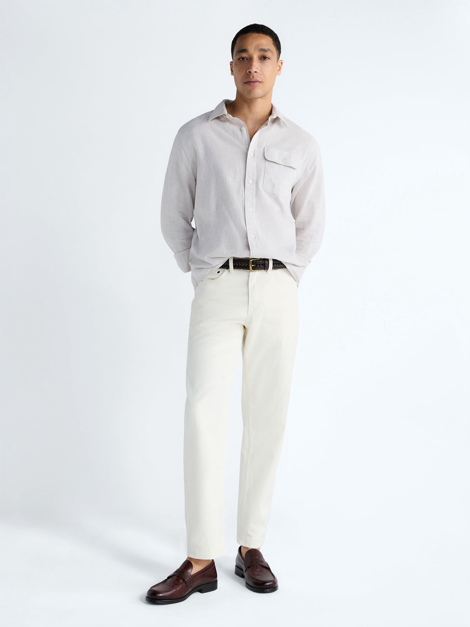 Free Assembly Men's Linen Blend Button Front Shirt with Long Sleeves, Sizes S-3XL