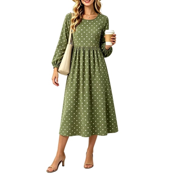 ClodeEU Women's Polka Dot Print Crew Neck Long Sleeve High Waist Midi Dress,Casual Loose Dress Army Green,Women's Plus L