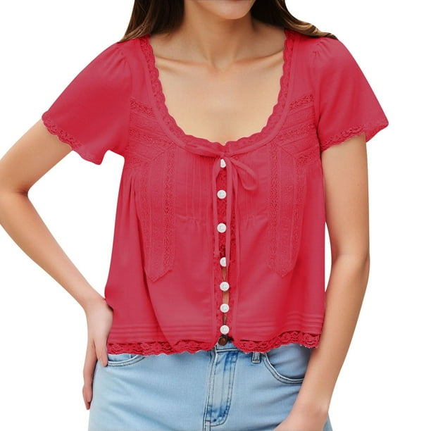 Camiseta de encaje con aberturas para mujer a la moda - Cuello redondo, lazo y manga corta