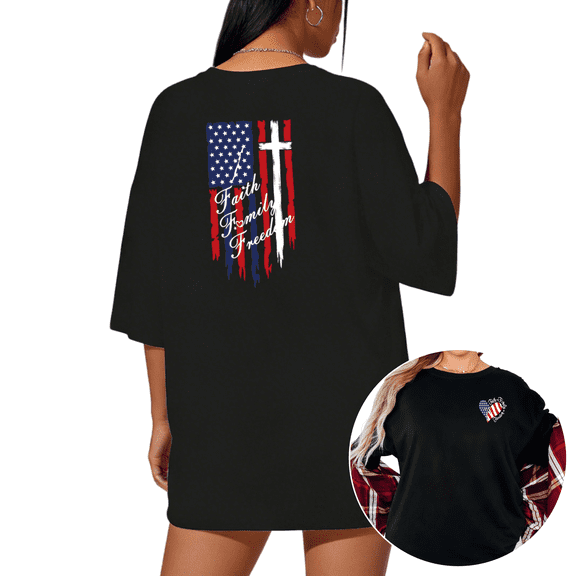 UNISHE Women's Patriotic Faith Family Freedom Print Short Sleeve T-Shirt Black S-5XL Casual Crewneck Top