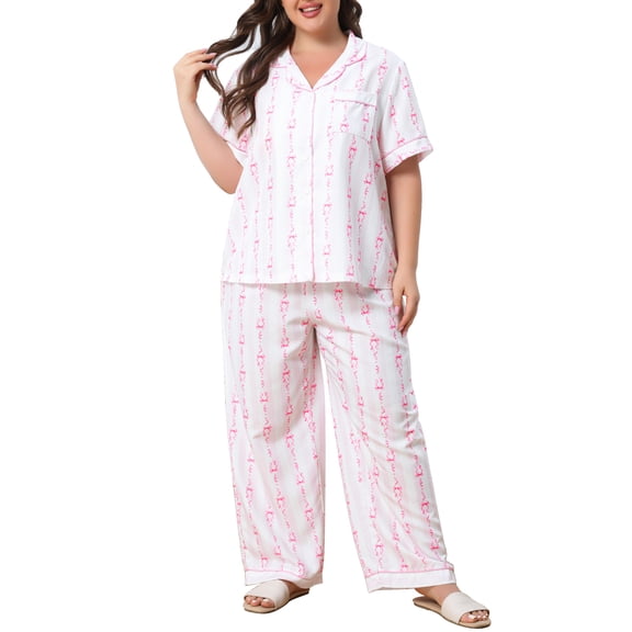 Agnes Orinda Women's Plus Size Button Down Pajama Set Cute Bow Striped Print Short Sleeve Top and Long Pants Sleepwear Soft 2 Piece Nightwear 1X Pink