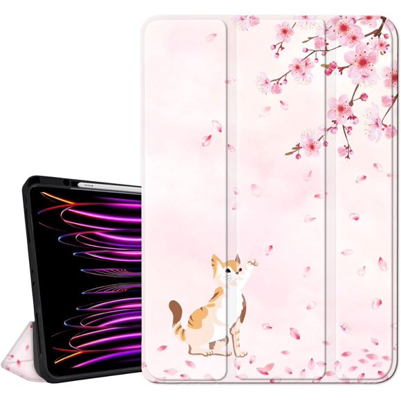 iPad Pro 11 inch Case 2022 2021 2020 2018 4th 3rd 2nd 1st Generation with Pencil Holder, Cherry Blossom Cat