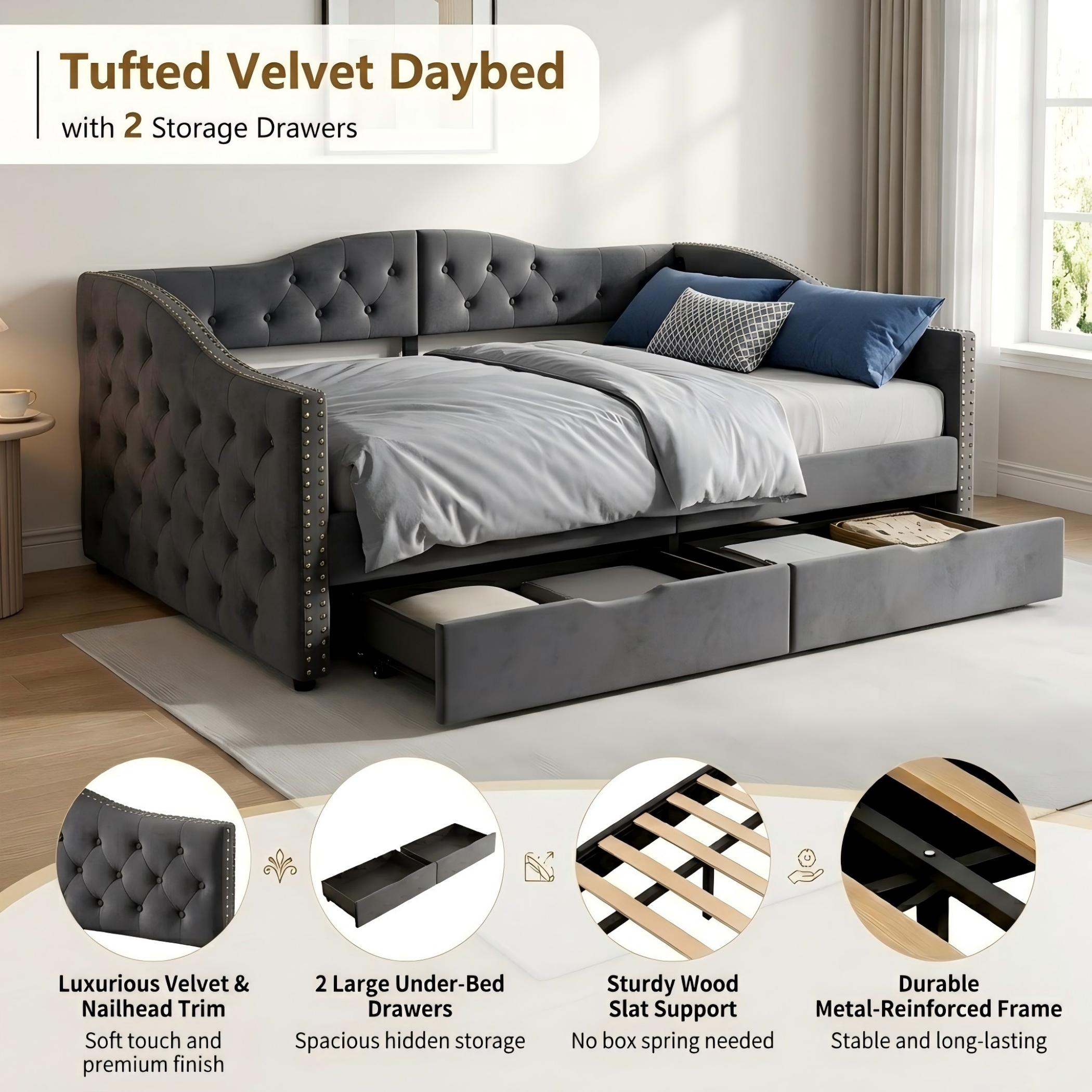 Aukfa Twin Size Upholstered Daybed with 2 Storage Drawers and Charging Station, Velvet Bed Frame with Button-Tufted & Nailhead Trim, Gray