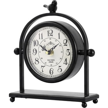 MODE HOME Silent Battery Operated Black Metal Analog Desk Clock with Bird, Small Table Clock for Farmhouse Decor, Mantel Shelf, Home and Living Room