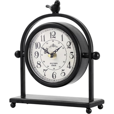 MODE HOME Silent Battery Operated Black Metal Analog Desk Clock with Bird, Small Table Clock for Farmhouse Decor, Mantel Shelf, Home and Living Room