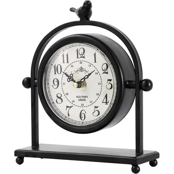 MODE HOME Silent Battery Operated Black Metal Analog Desk Clock with Bird, Small Table Clock for Farmhouse Decor, Mantel Shelf, Home and Living Room