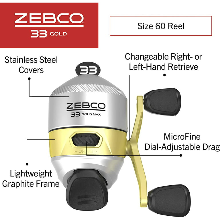Zebco 33 MAX Gold Spincast Fishing Reel, Size 60 Reel, Silver/Gold (Clam  Package)