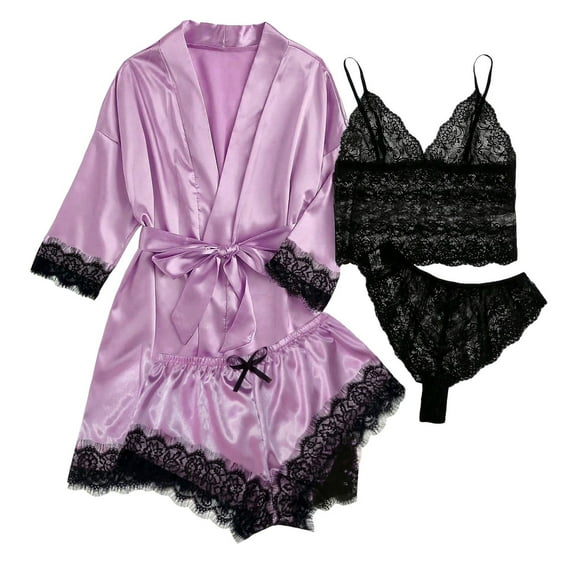 GDREDA Plus Size Pajama Set Women Silk Pajamas For Women Set 4 Piece Satin Sleepwear Classic Button Down Short Sleeve Pj Set Cute Loungewear Women Pajama Sets pyjamas Pink,L