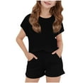 thumbnail image 3 of Jinhomg Girls Casual Summer Outfits Comfort Short Sleeve Crew Neck T-Shirts with Shorts Big Kids Plain Solid Lounge Sets 2025 Fashion Daily Wear Black 11 Years, 3 of 9