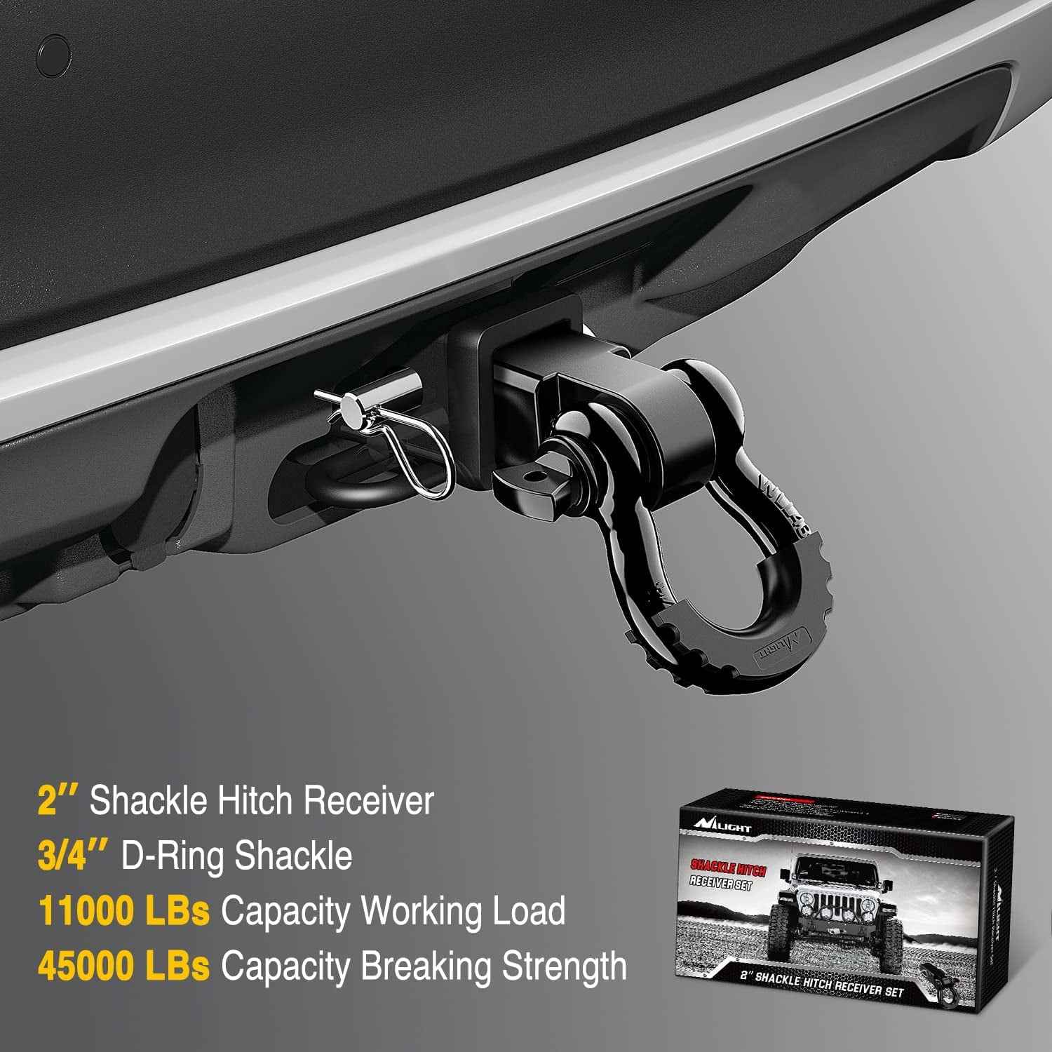 Nilight Shackle Hitch Receiver 2Inch 45000 lbs Breaking Strength 3/4" D Ring Shackle w/Trailer Hitch Pin Heavy Duty Solid Recovery Towing Kit for Trucks Jeeps Off-Road