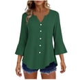 thumbnail image 2 of Craaazy Women's Relaxed Fit V Neck Blouse, Solid Color 3/4 Sleeve Flare Cuff Top, Loose Comfy Button Accent Casual Tee for Spring & Summer Gifts, 2 of 7