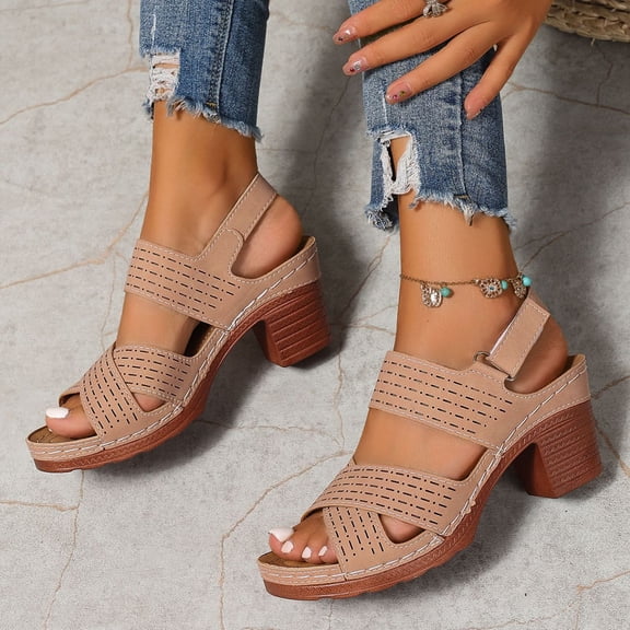 Fnooota Women's Block Heels Sandals, Non-slip Casual Ankle Strap Open Toe Summer Shoes Brown Size 9