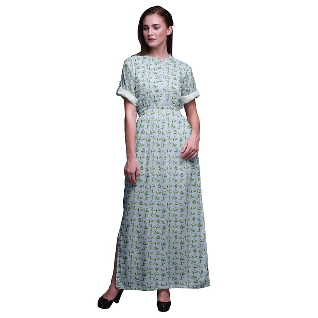 Bimba Rayon Tea Leaves Ladies Long Gown Boho Beach Cocktail Party Maxi SlitDress-XSmall