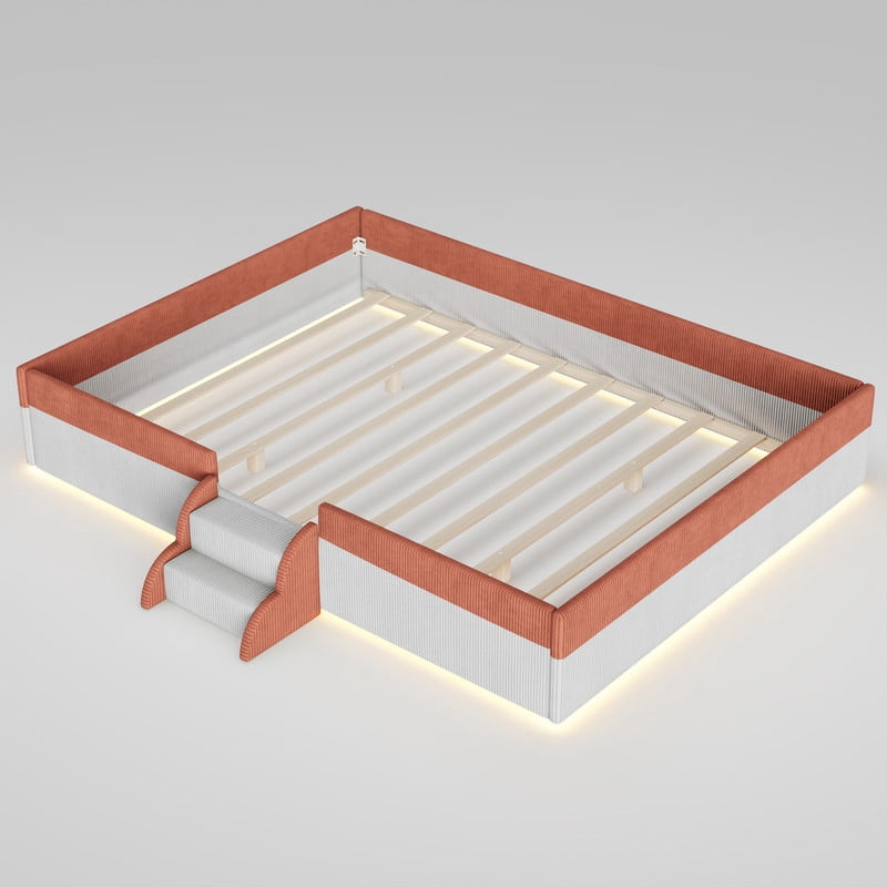 Queen Size Corduroy Upholstered Floor Bed Frame with Fence, Kids Low-Profile Platform Bed with 2-Tier Steps & Smart LED Lights