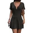 thumbnail image 3 of Women Deep V Neck Button Front Knit Mini Dress Elegant Short Sleeve Ribbed Flowy Hem A-Line Short Dress Black L, 3 of 9
