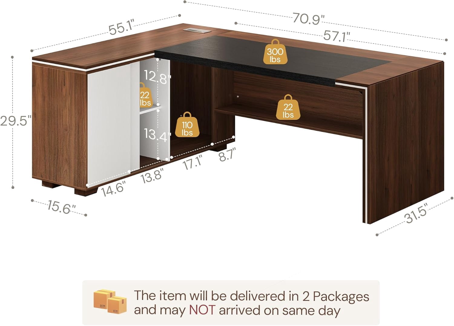Vividwood L-Shaped Executive Desk with Cabinet Storage, 71" Office Computer Desk with Storage Shelves, CPU Stand, Cable Management (Brown)