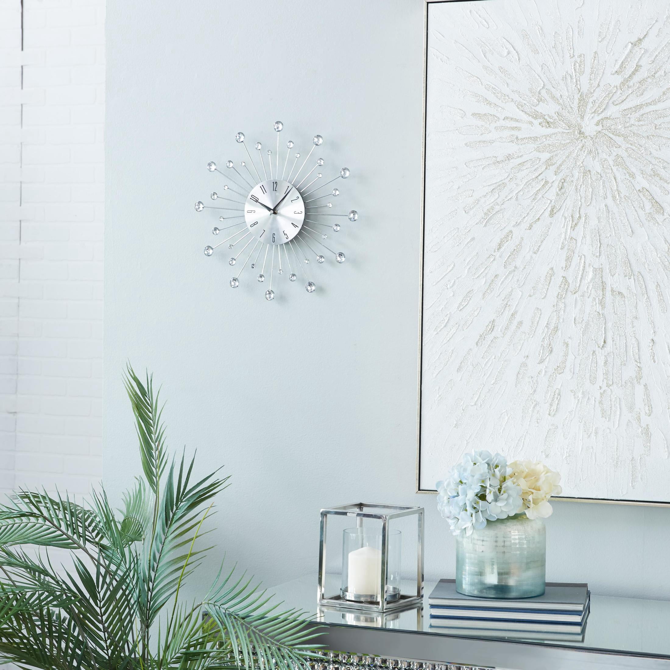 DecMode 15" Silver Metal Starburst Wall Clock with Crystal Accents