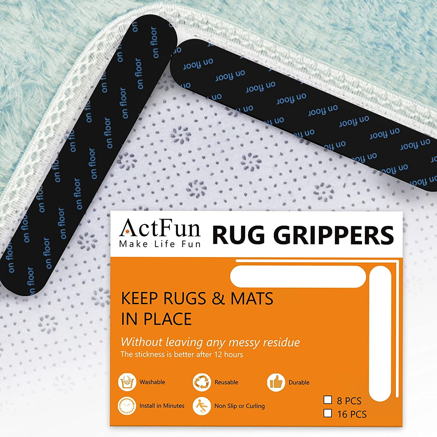 MSXCSE 14 PCS Rug Tape，Non Slip Rug Grippers, Rug Pads Grippers, Anti Slip  Carpet Pads Rug ，Reusable Washable Carpet Tape， Corner Gripper for Hardwood