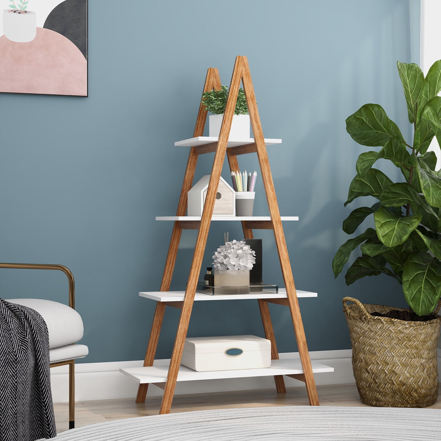 4-Tier Ladder Bookcase Multifunctional Display Shelf, Christmas Village Display Stand, Tall Ladder Shelf Storage Organizer for Living Room, Home Office