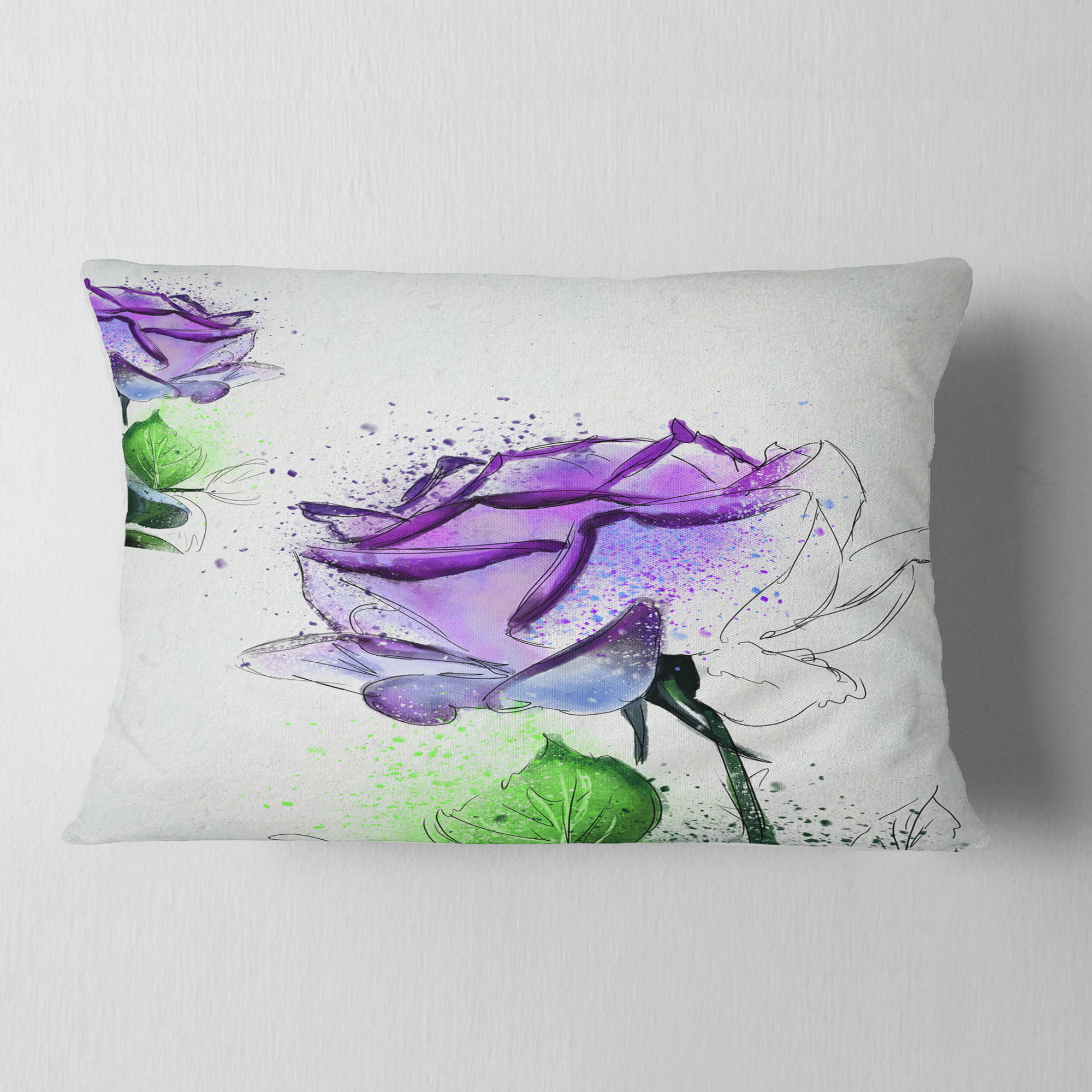 Designart Blue Rose Flowers with Green Leaves - Floral Throw Pillow - 12x20