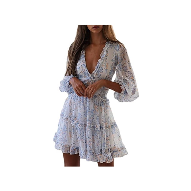 Robes Mini à Manches Longues à Volants Sans Dos, S, Blanc