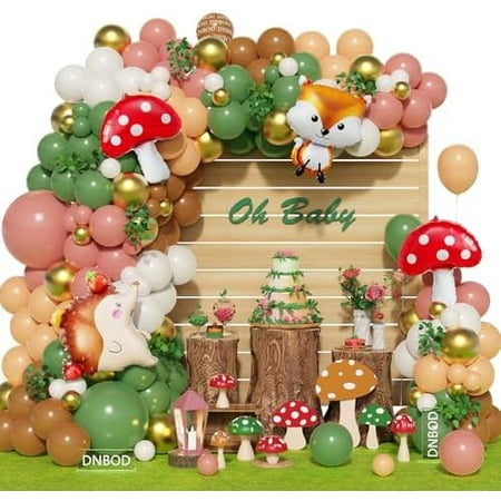 158Pcs Sage Green Pink Gold Woodland Balloon Garland Arch Kit,with Mushroom,Fox,Hedgehog Foil Balloons for Forest Fairy Wild Animal Theme Baby Shower Birthday Spring Garden Tea Party Decorations