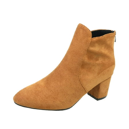 YHGFVOKJ Boots for Women Fashion Autumn Winter Ankle Boots Heel Mid Heel Pointed Pull On Solid Suede Leather Side Zipper Comfortable and Casual Shoes Shoes Women Yellow 42
