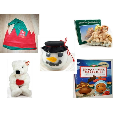 Christmas Fun Gift Bundle [5 Piece] -  Elf Hat w/ Jingle Bell - Blonde & Red Head Angel Child Resin Figurine 3.5