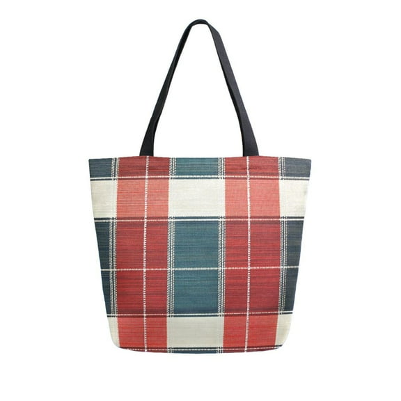 FORMRS Womens Canvas Tote Bag with Zipper Inner Pocket Shoulder Handbag, Vibrant Red Tartan Pattern