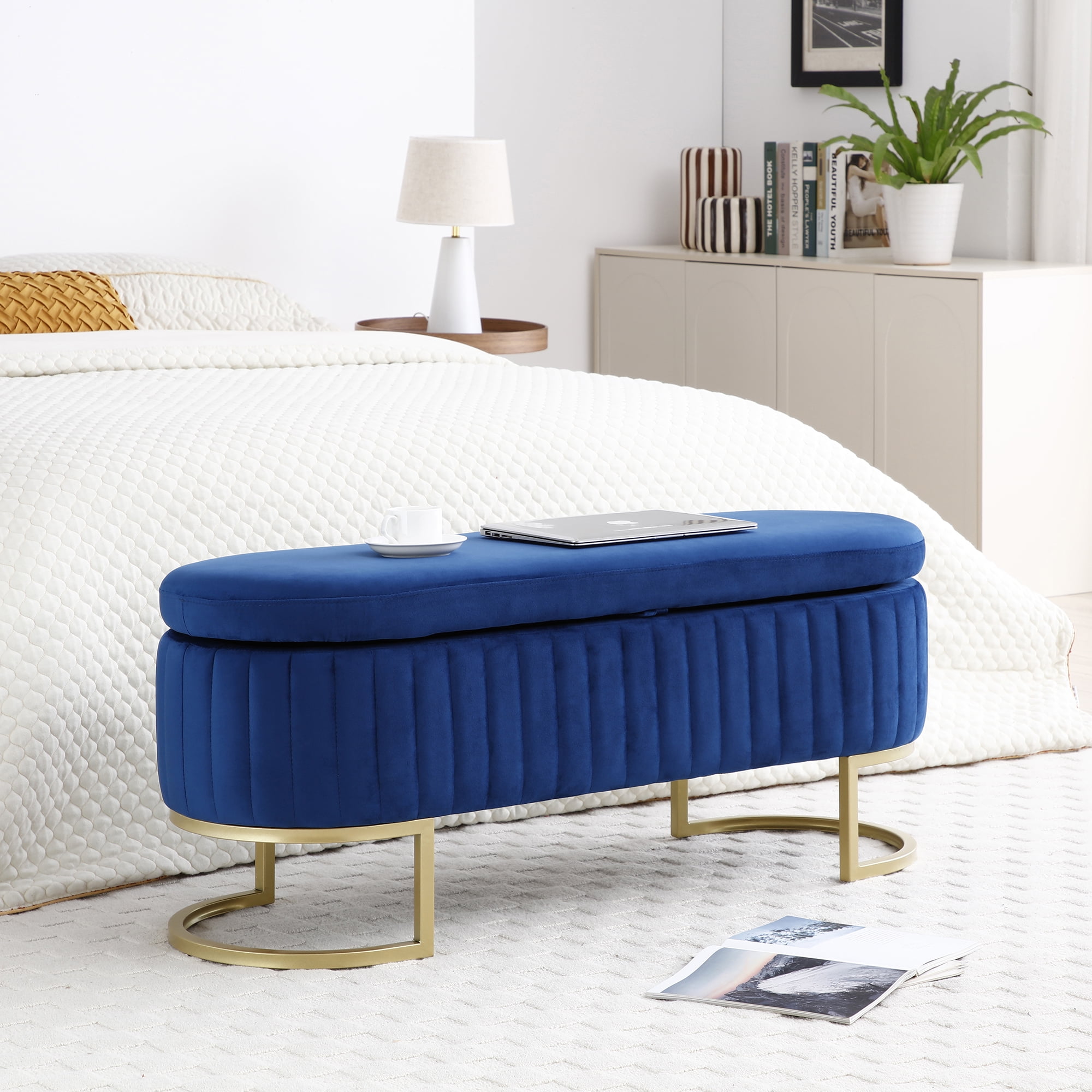 Miniyam Storage Bench Bedroom Bench, Velvet Oval Upholstered End of Bed Bench with Golden Metal Legs,Modern Storage Ottoman Bench,Blue