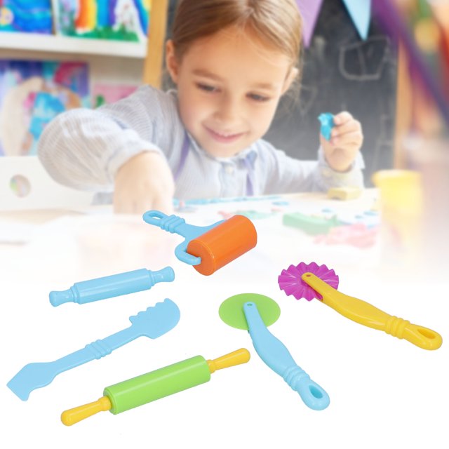 Dioche Clay Dough Cutter Clay Dough Tools Kit with six colorful plastic tools, including rollers, molds, and cutters, designed for children's small hands. Perfect for shaping and decorating clay blocks, enriching imagination, and suitable for early learning classrooms or daycare centers. Durable, non-toxic, and easy to clean play dough tools.