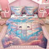 Castle Fairy Kids Teens Pink Axolotl Twin Bedding Sets 7-Piece,Cartoon Sea Salamander Bedding Comforter Set Microfiber,Kawaii Animal Breathable Sheet Sets,Ultra Soft Home Decor,Reversible