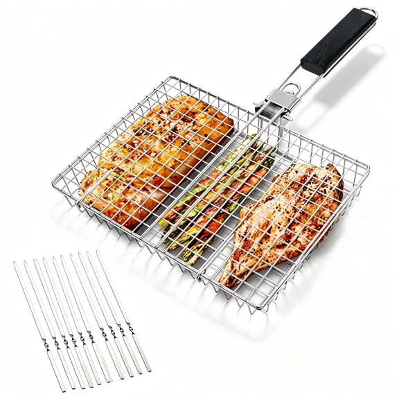 Grill Basket Set, Stainless Steel Folding Portable Grill Basket for Meat Fish Vegetables, Bonus 10PCS 11.8inch Reusable Stainless Steel BBQ Skewers, Outdoor Camping Barbecue Cooking Accessories