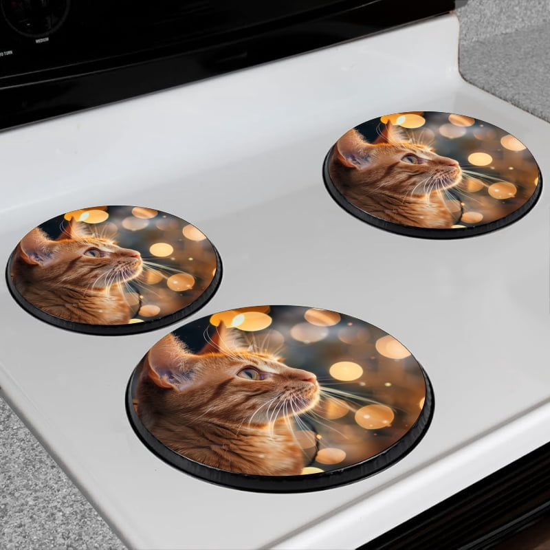 BaHomeck Electric Stove Burner Covers Set of 4,Round Metal Gas Stove Burner Covers 8 Inch and 10 Inch,Kitchen Decor,Ginger Cat Portrait With Lights In The Background