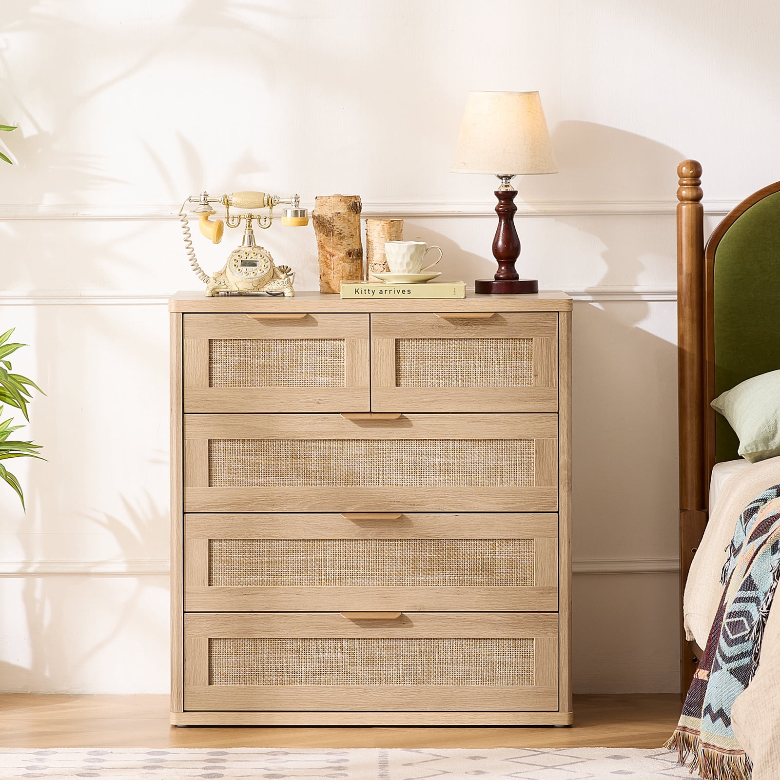 Upright Dresser for Bedroom Set of 2, Chest of Drawers, Modern 5 Drawers Boho Rattan Dressers with Storage, Dresser Natural Wood Closet Organizer for Living Room